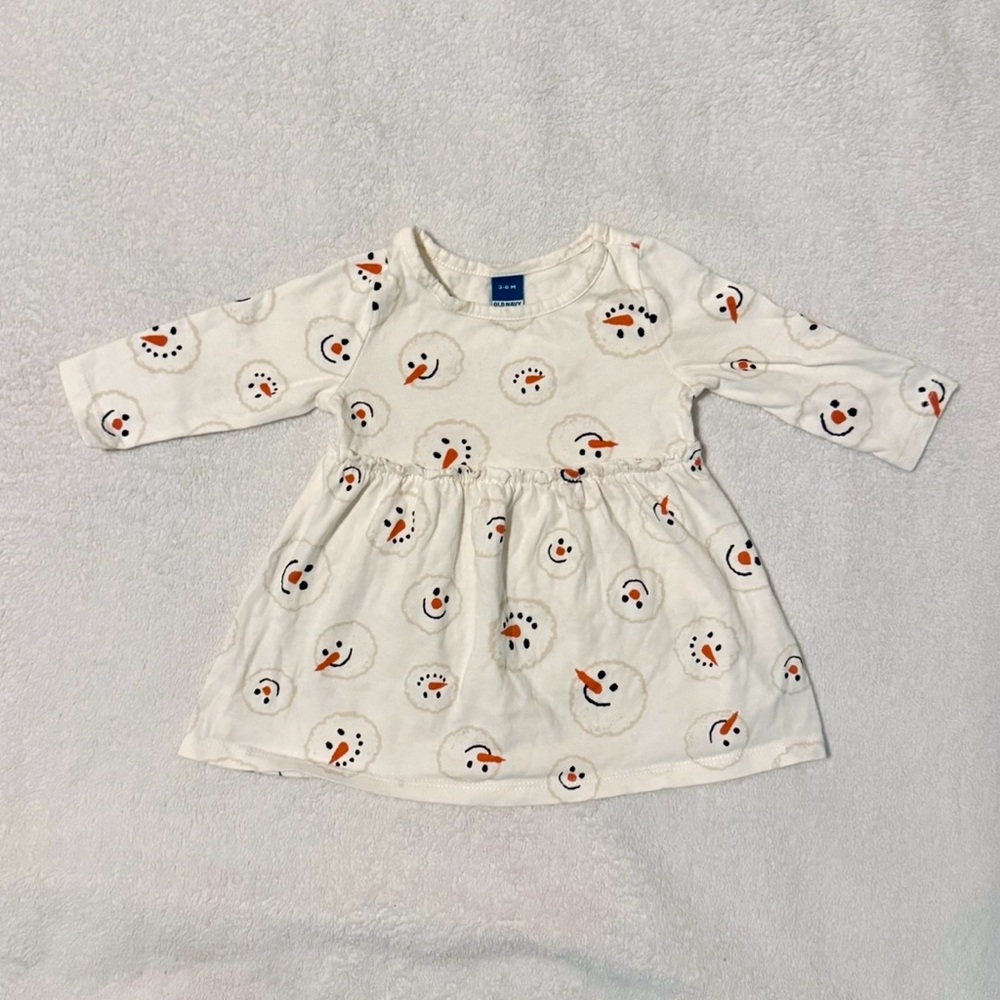 Old Navy Baby Girls White Snowman Cotton Long Sleeved Dress size 3-6 months